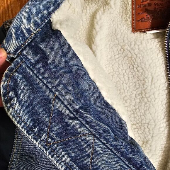 Levi's Premium Sherpa Bomber Jacket Small S Medium Wash Navy Satin 90s Vintage - Picture 10 of 15